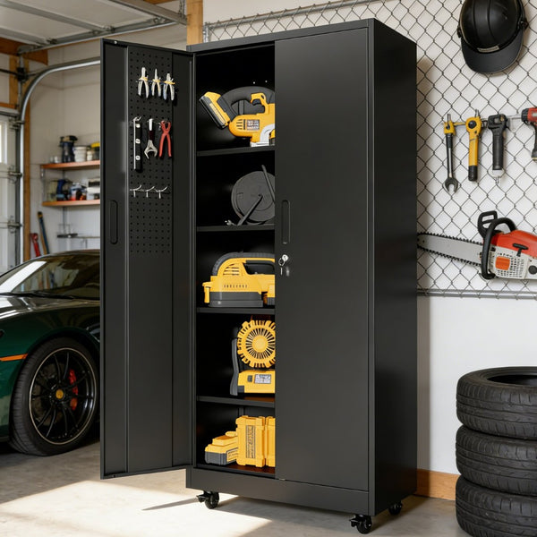 English Elm Metal Rolling Garage Cabinet with Pegboard Door Drawer Locking Storage and Adjustable Shelves T2398P465999