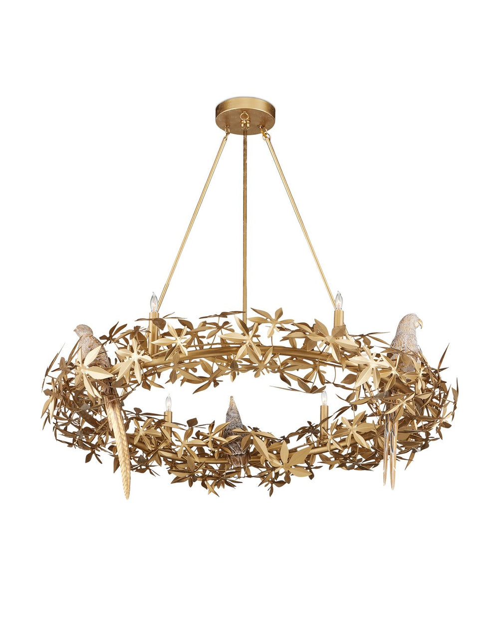 Currey & Company Aviary Gold Ring Chandelier - Elegant Botanical Design With Sculptural Birds And Adjustable Height Gold Wrought Iron ,Composite 9000-1320-currey-company