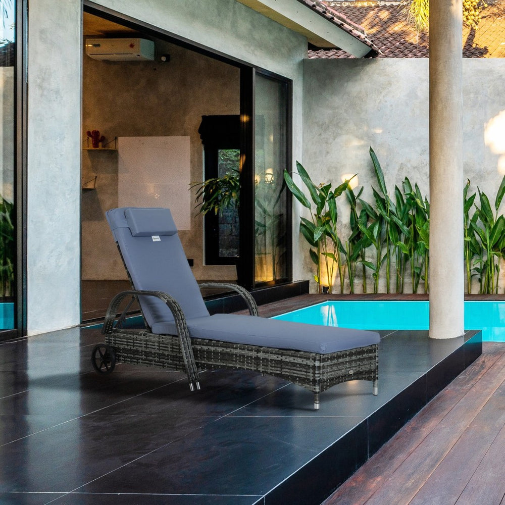 English Elm Outsunny Wicker Outdoor Chaise Lounge Chair With Wheels, 5-Level Recline, Cushion & Headrest Comfort W2225P174007-GIGA