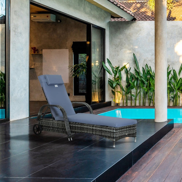 English Elm Outsunny Wicker Outdoor Chaise Lounge Chair With Wheels, 5-Level Recline, Cushion & Headrest Comfort W2225P174007-GIGA