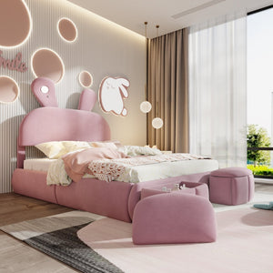 English Elm Full Pink Velvet Platform Bed Cartoon Ear Headboard Led Light Storage Stools N709P195300H-1