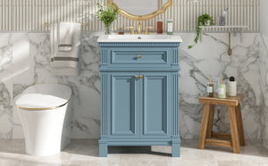 English Elm 24'' Carved Farmhouse Bathroom Vanity with Ceramic Sink Soft Close Storage Cabinet Indigo Blue N710P446530M