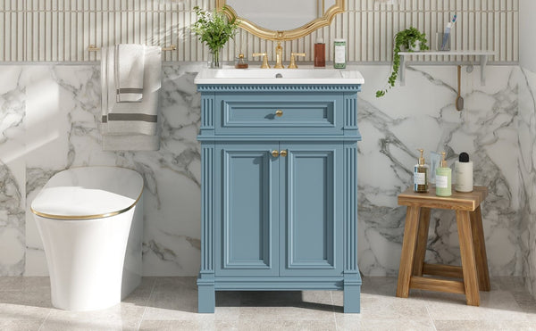 English Elm 24'' Carved Farmhouse Bathroom Vanity with Ceramic Sink Soft Close Storage Cabinet Indigo Blue N710P446530M
