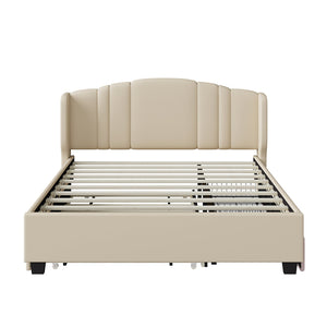 English Elm Upholstered Platform Bed with Wingback Headboard, Twin Trundle & 2 Storage Drawers, Linen Queen Frame Beige 83 L x 9.5 W x 8.75 H N733S208132A