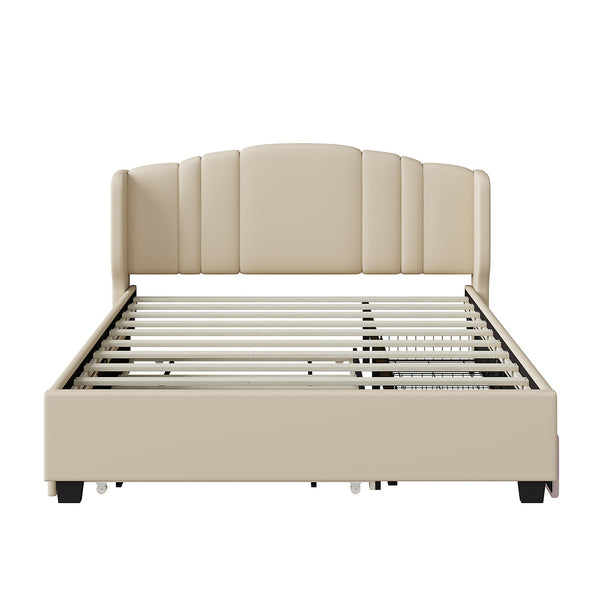 English Elm Upholstered Platform Bed with Wingback Headboard, Twin Trundle & 2 Storage Drawers, Linen Queen Frame Beige 83 L x 9.5 W x 8.75 H N733S208132A
