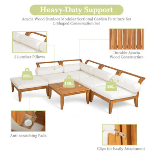English Elm TOPMAX 6-Piece Acacia Patio Sofa Set - Modular L-Shaped Conversation Set, Convertible Daybed, Teak Beige Cushions SP100031AAA