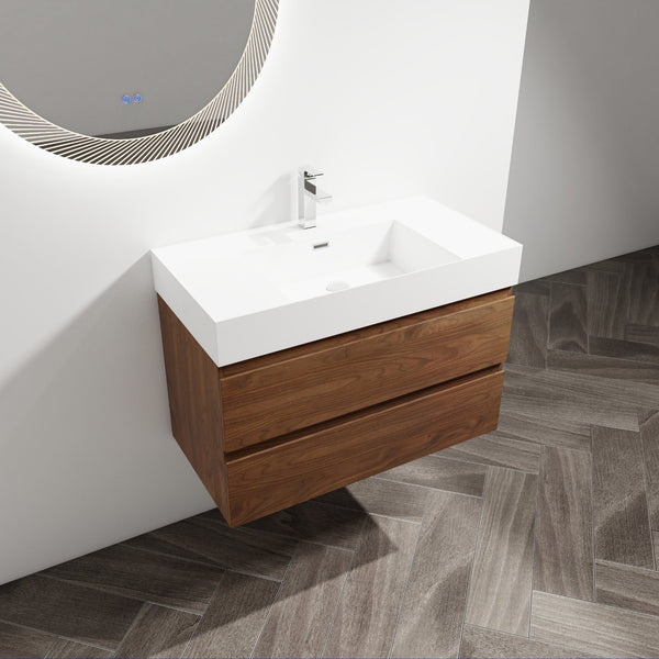 English Elm 36" Wood Grain Bathroom Vanity with Thick Resin Sink, 2 Soft-Close Drawers, KD Eco Plywood Finish W999S00201