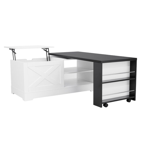 English Elm U-can Farmhouse Lift Top Coffee Table Barn Door Hidden Storage Living Room White+Black N724P351732K