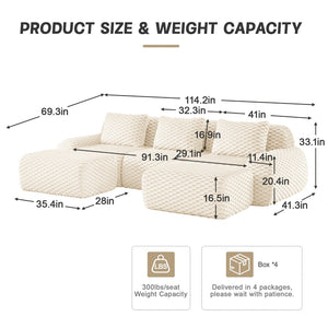 English Elm 114" U-shaped Modular Sectional Flannelette Sofa Oversized Lounge with Movable Ottoman Cream W714S01521