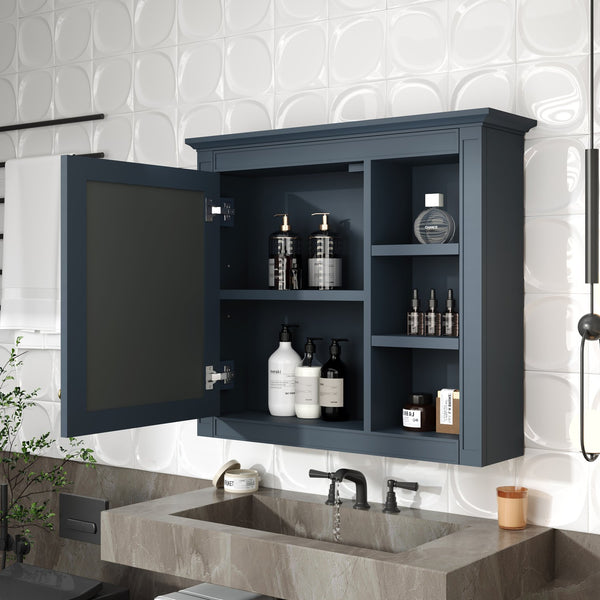 English Elm 30'' Modern Medicine Cabinet Wall Mirror with Hidden Storage and Adjustable Open Shelves for Bath Blue WF318452AAC