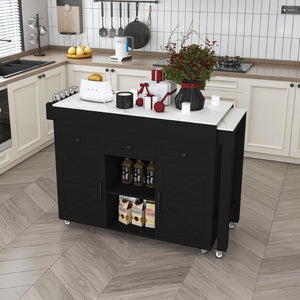 English Elm 74.8" Rolling Kitchen Island Extendable Marble Veneer Top with Power Outlet and Storage W2700S00106