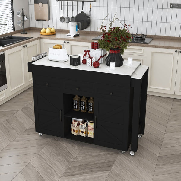 English Elm 74.8" Rolling Kitchen Island Extendable Marble Veneer Top with Power Outlet and Storage W2700S00106