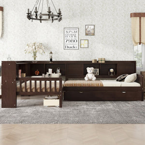 English Elm L-shaped Twin Platform Bed with Trundle, Solid Wood Corner Sleeper with Drawers, Shelves, No Box Spring Needed Espresso W1580S00261
