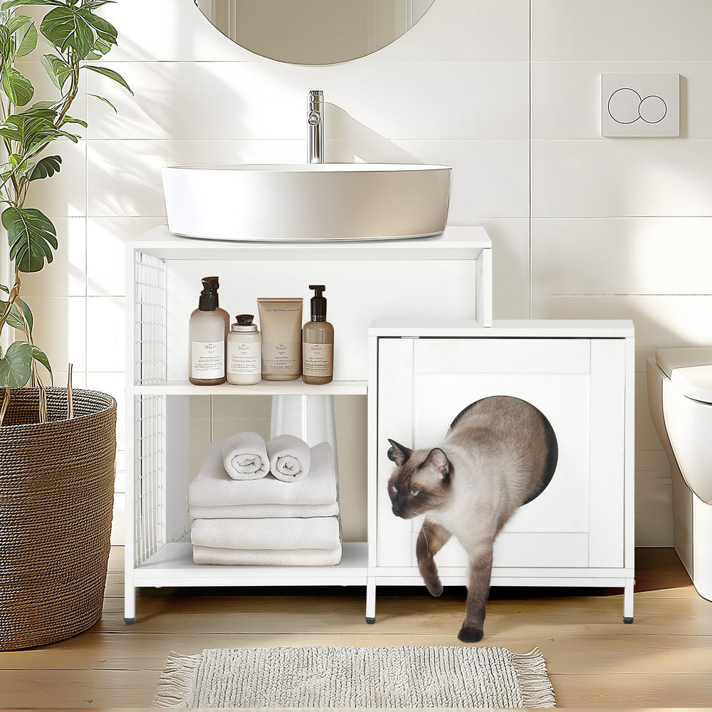 English Elm Cat Litter Box Enclosure Under-Sink Cabinet for Bathroom with Divider, Ventilation & Storage White W1687P251061