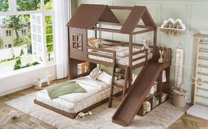 English Elm Twin Over Full Playhouse Bunk Bed with Slide Ladder Storage Shelves and Wardrobe Antique Natural W5305S00041