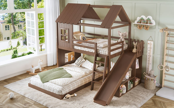 English Elm Twin Over Full Playhouse Bunk Bed with Slide Ladder Storage Shelves and Wardrobe Antique Natural W5305S00041