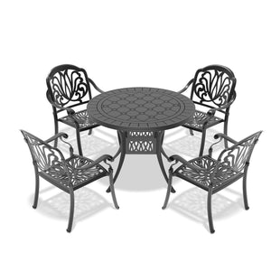 English Elm 5-Piece Cast Aluminum Patio Furniture Set With Brown Cushions For Cozy Outdoor Dining & Relaxation W1710S00068