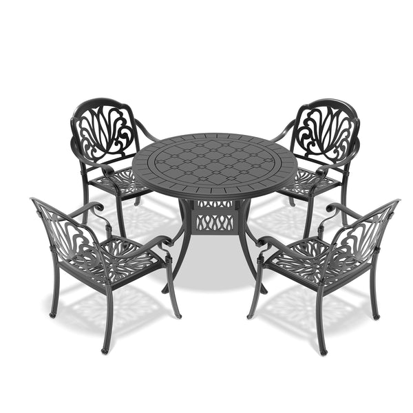 English Elm 5-Piece Cast Aluminum Patio Furniture Set With Brown Cushions For Cozy Outdoor Dining & Relaxation W1710S00068