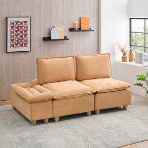 English Elm 74-inch flannel sofa with cup holders, storage compartment, adjustable backrest and solid wood frame Light Brown W1658S00127