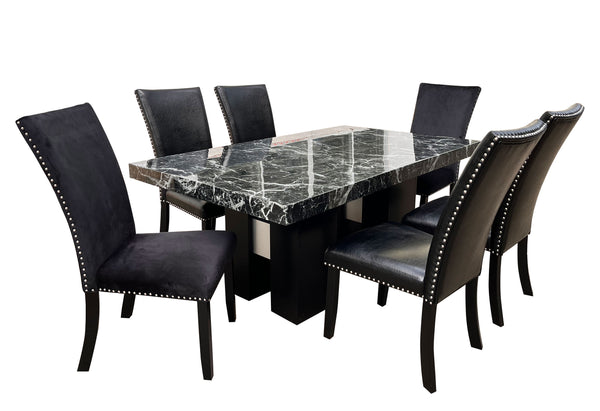 English Elm JHOANNA Solid Wood 5PC Dining Set in Black — Extra Thick Top, Double Pedestal, Silver Connector, Transitional Style B201S00170