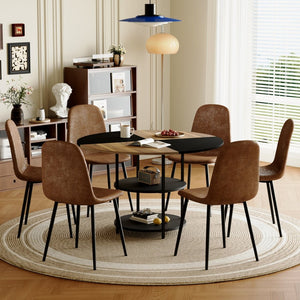 English Elm Table and Chair Set Round Geometric Mdf Dining with Storage Shelf and 6 Fabric Seats W1151S04077