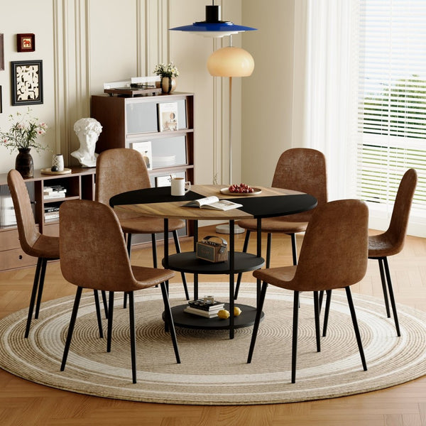 English Elm Table and Chair Set Round Geometric Mdf Dining with Storage Shelf and 6 Fabric Seats W1151S04077