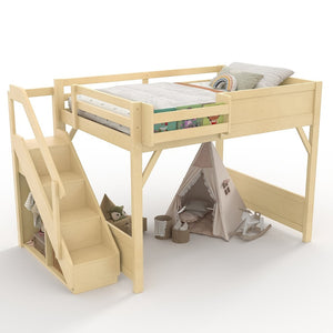 English Elm Twin Low Loft Bed Solid Pine Frame Kids Study Desk Blackboard Storage White Natural W1580S00549