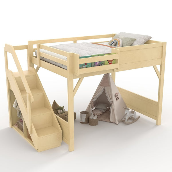 English Elm Twin Low Loft Bed Solid Pine Frame Kids Study Desk Blackboard Storage White Natural W1580S00549