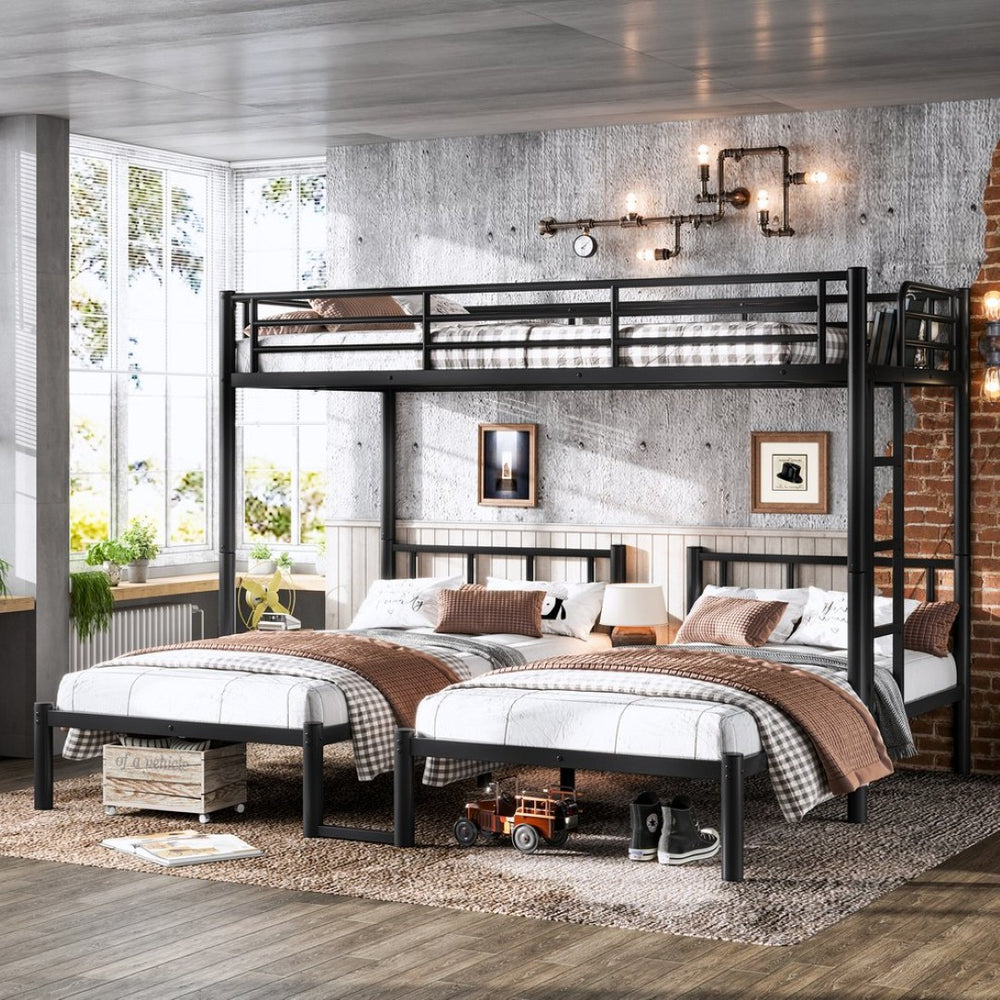 English Elm Twin Triple Bunk Bed Metal L-shaped Frame Sleeps Three Kids White Finish Black W1580S00615