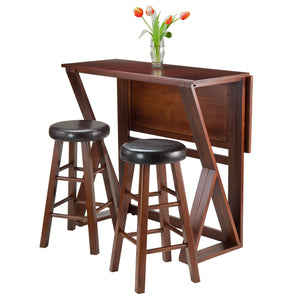 Winsome Wood Harrington 3-piece Drop Leaf High Table Set With Elegant Black Cushioned Stools In Walnut Finish Walnut Solid Wood 94302-winsome-wood