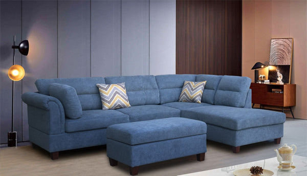 English Elm Domenico Tufted Polyester Sectional Sofa with Chaise Storage Ottoman and Accent Pillows Blue B2749S00203