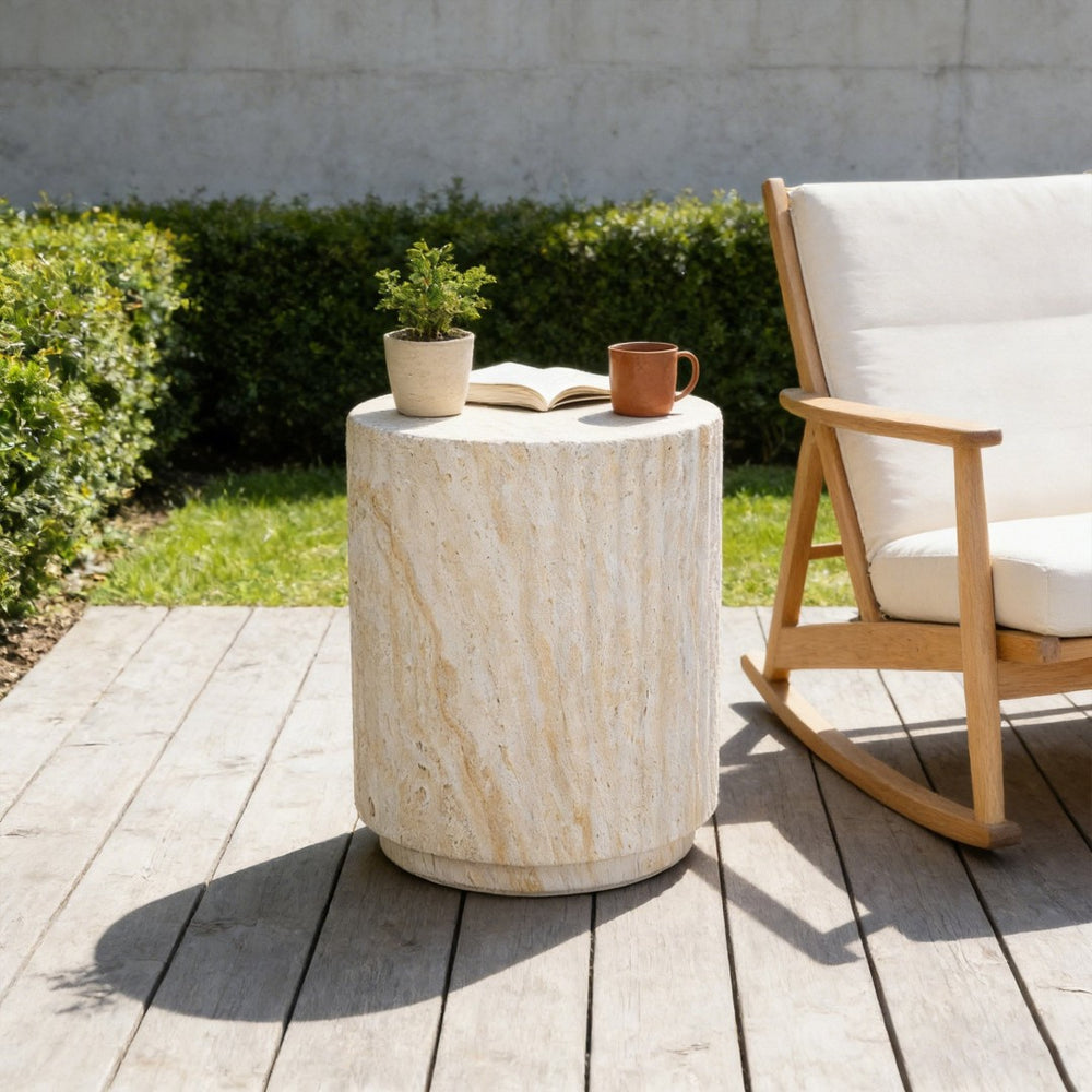 English Elm U_style Mgo Cylinder Accent Table Wave Ribbed Concrete Look Patio or Indoor Plant Stand Beige,Yellow N711P422078K