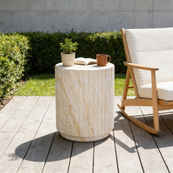 English Elm U_style Mgo Cylinder Accent Table Wave Ribbed Concrete Look Patio or Indoor Plant Stand Beige,Yellow N711P422078K