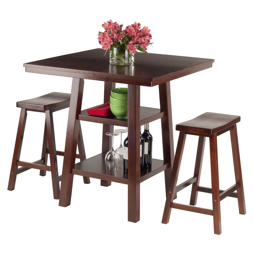 Winsome Wood Orlando 3-piece High Table Set With Saddle Seat Stools, Walnut - Stylish Storage For Dining & Work Walnut Solid ,Composite Wood 94308-winsome-wood