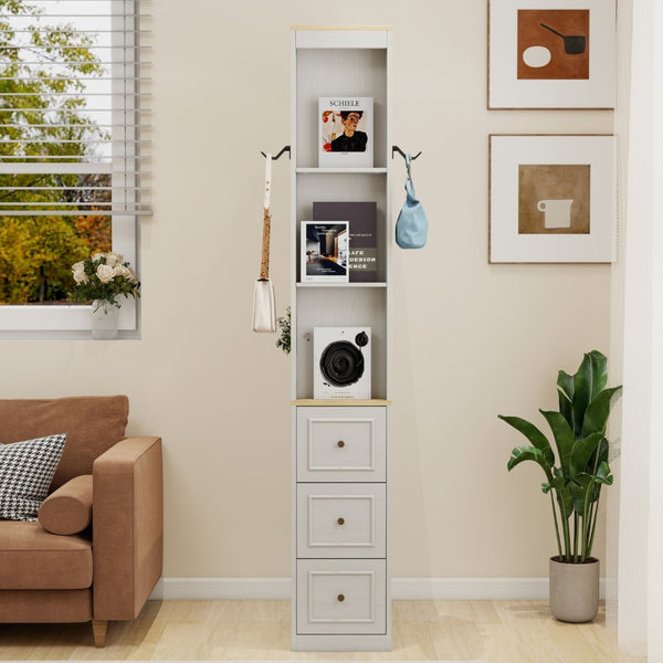 English Elm 73" Slim Tower Cabinet Antique White Mdf with Drawers Hooks and Display Shelves W1120P327084