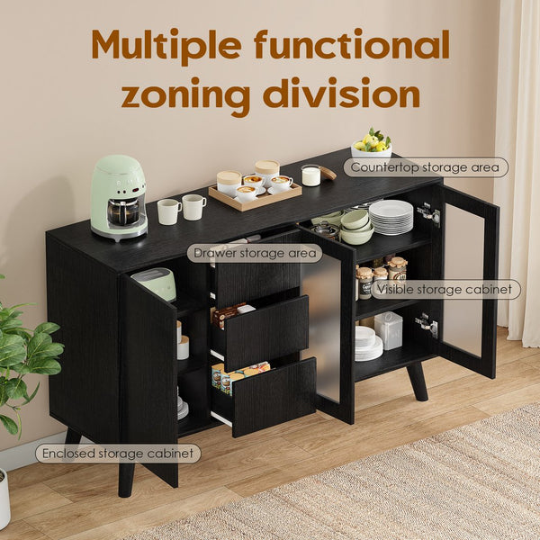 English Elm Farmhouse Buffet Cabinet with Pop-Up Doors and 3 Drawers — Rustic 55.5" Sideboard for Dining Room Black T3623P408215