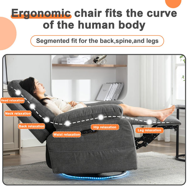 English Elm Power Recliner Glider Chair with Bluetooth Speaker, 270° Swivel, LED Light, USB & Type-C Ports, Storage Pockets, Button Controls W1203P173383