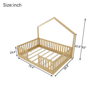 English Elm Twin Montessori Floor Bed House Frame with Led Lighting and Safety Rails for Kids Natural W2593P440609