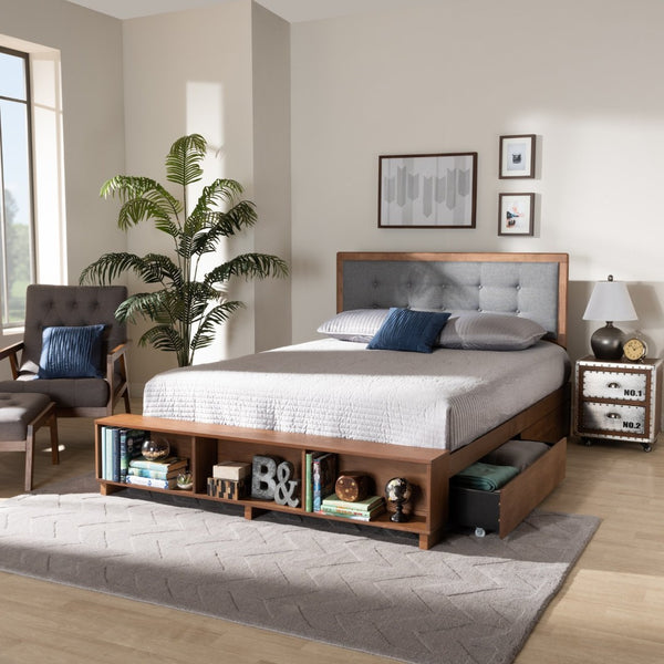 Baxton Studio Baxton Studio Cosma Modern Platform Bed with Storage, Adjustable Headboard & Cozy Upholstered Design Dark Gray / Full Size Cosma-Dark Grey/Ash Walnut-Full