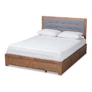 Baxton Studio Baxton Modern Dark Grey Upholstered Platform Storage Bed with 3 Drawers and Stylish Walnut Finish Lene Queen Lene-Dark Grey/Ash Walnut-Queen