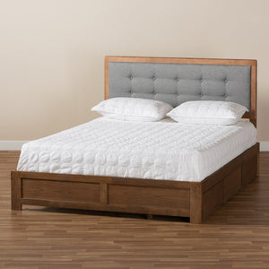 Baxton Studio Baxton Modern Dark Grey Upholstered Platform Storage Bed with 3 Drawers and Stylish Walnut Finish Lene Queen Lene-Dark Grey/Ash Walnut-Queen