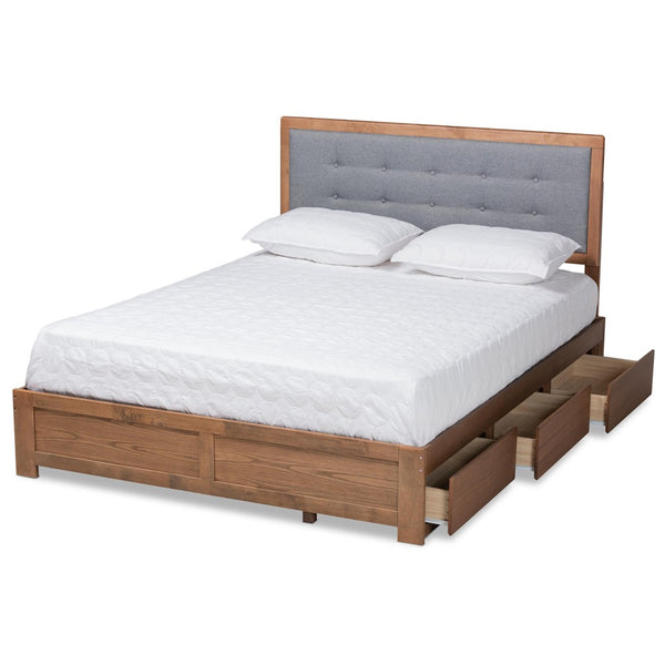 Baxton Studio Baxton Modern Dark Grey Upholstered Platform Storage Bed with 3 Drawers and Stylish Walnut Finish Lene Queen Lene-Dark Grey/Ash Walnut-Queen