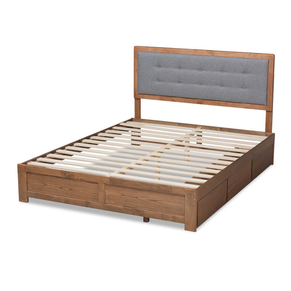 Baxton Studio Baxton Modern Dark Grey Upholstered Platform Storage Bed with 3 Drawers and Stylish Walnut Finish Lene Queen Lene-Dark Grey/Ash Walnut-Queen