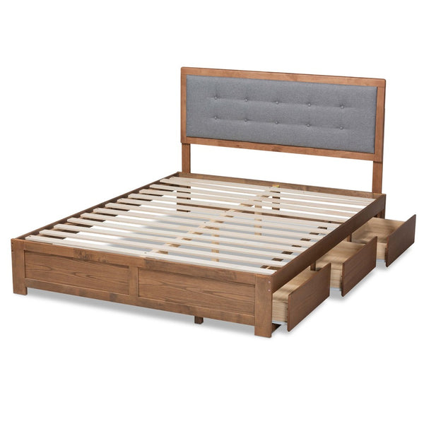 Baxton Studio Baxton Modern Dark Grey Upholstered Platform Storage Bed with 3 Drawers and Stylish Walnut Finish Lene Queen Lene-Dark Grey/Ash Walnut-Queen
