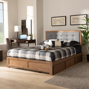 Baxton Studio Baxton Modern Dark Grey Upholstered Platform Storage Bed with 3 Drawers and Stylish Walnut Finish Lene Queen Lene-Dark Grey/Ash Walnut-Queen