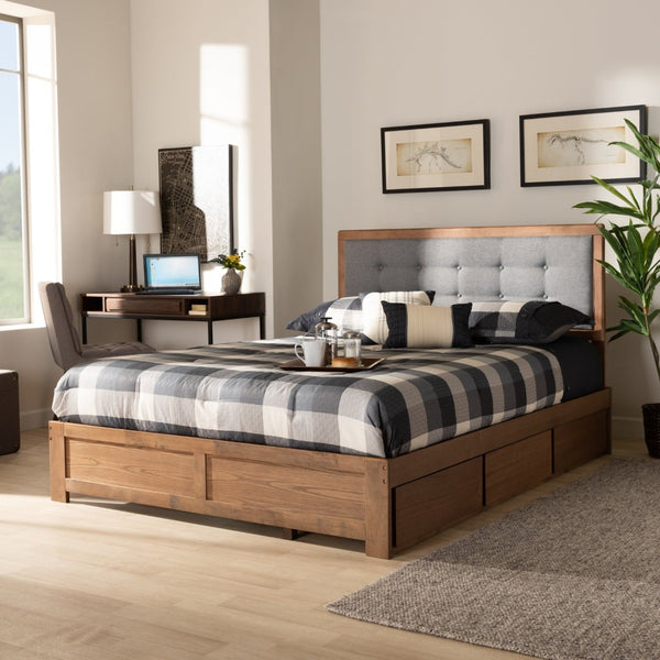 Baxton Studio Baxton Modern Dark Grey Upholstered Platform Storage Bed with 3 Drawers and Stylish Walnut Finish Lene Queen Lene-Dark Grey/Ash Walnut-Queen