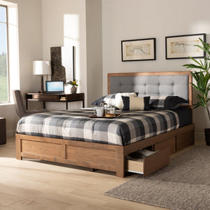 Baxton Studio Baxton Lene Full Size Platform Storage Bed - Dark Grey Upholstered with 3 Drawers & Walnut Finish Lene-Dark Grey/Ash Walnut-Full