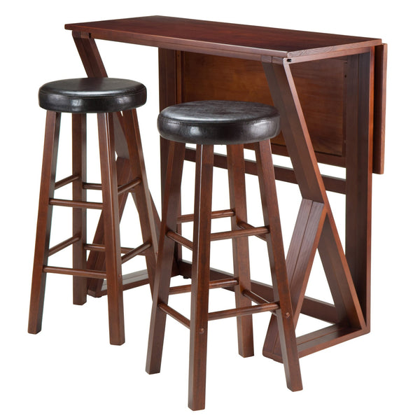 Winsome Wood Harrington 3-piece Drop Leaf Bar Table Set With Cushioned Faux Leather Stools In Walnut Finish Walnut Solid Wood 94336-winsome-wood