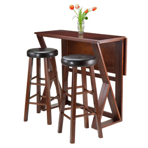 Winsome Wood Harrington 3-piece Drop Leaf Bar Table Set With Cushioned Faux Leather Stools In Walnut Finish Walnut Solid Wood 94336-winsome-wood