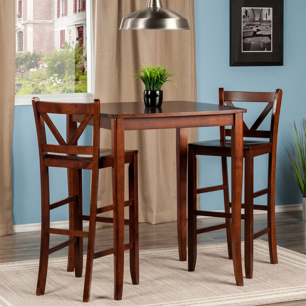 Winsome Wood Inglewood 3-piece High Table Set With Stylish V-back Bar Stools In Warm Walnut Finish - Elegant Design Walnut Solid Wood 94337-winsome-wood
